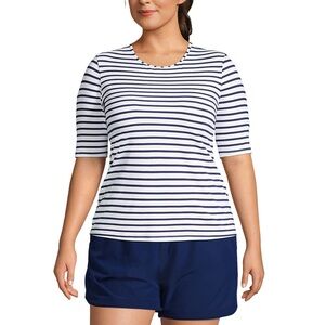 Lands' End Crew Neck Elbow Sleeve Rash Guard Swim Tee Navy stripe 1X